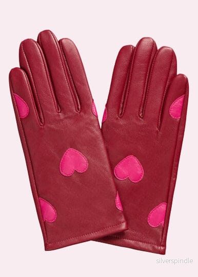 Läderhandskar - röda med rosa hjärtan
