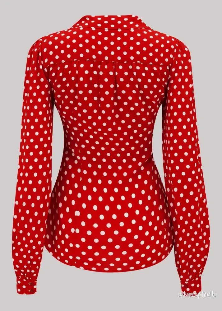 Poppy skjortablus i vintagestil - röd med prickar - Bild 2