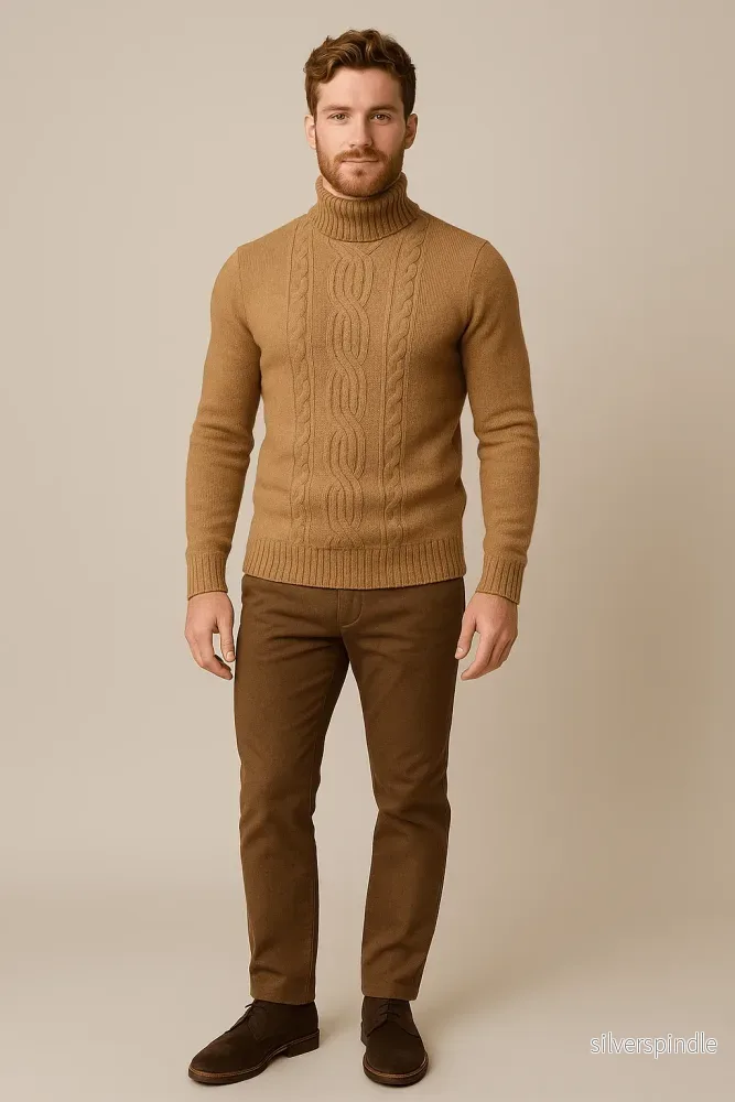 Kabelstickad Polotröja för Män med Ribbstickade Ärmslut | Varm Design för Tidlös Stil - Bild 2