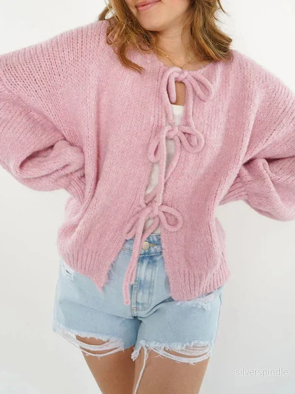 Sophie | Elegant Stickad Kofta med Knytband i Rosa och Grått - Bild 2