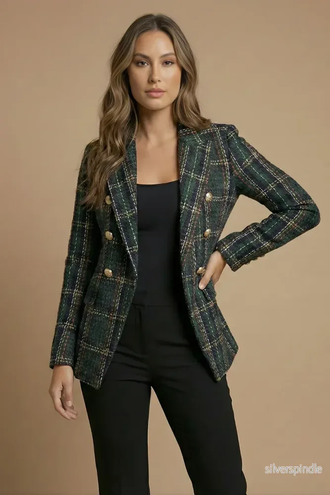 Elegant Kavaj Dam i Tweed med Dubbelknäppning & Guldknappar | Tidlös Stil för Kalla Dagar Elegant Kavaj Dam i Tweed med Dubbelknäppning & Guldknappar | Tidlös Stil för Kalla Dagar