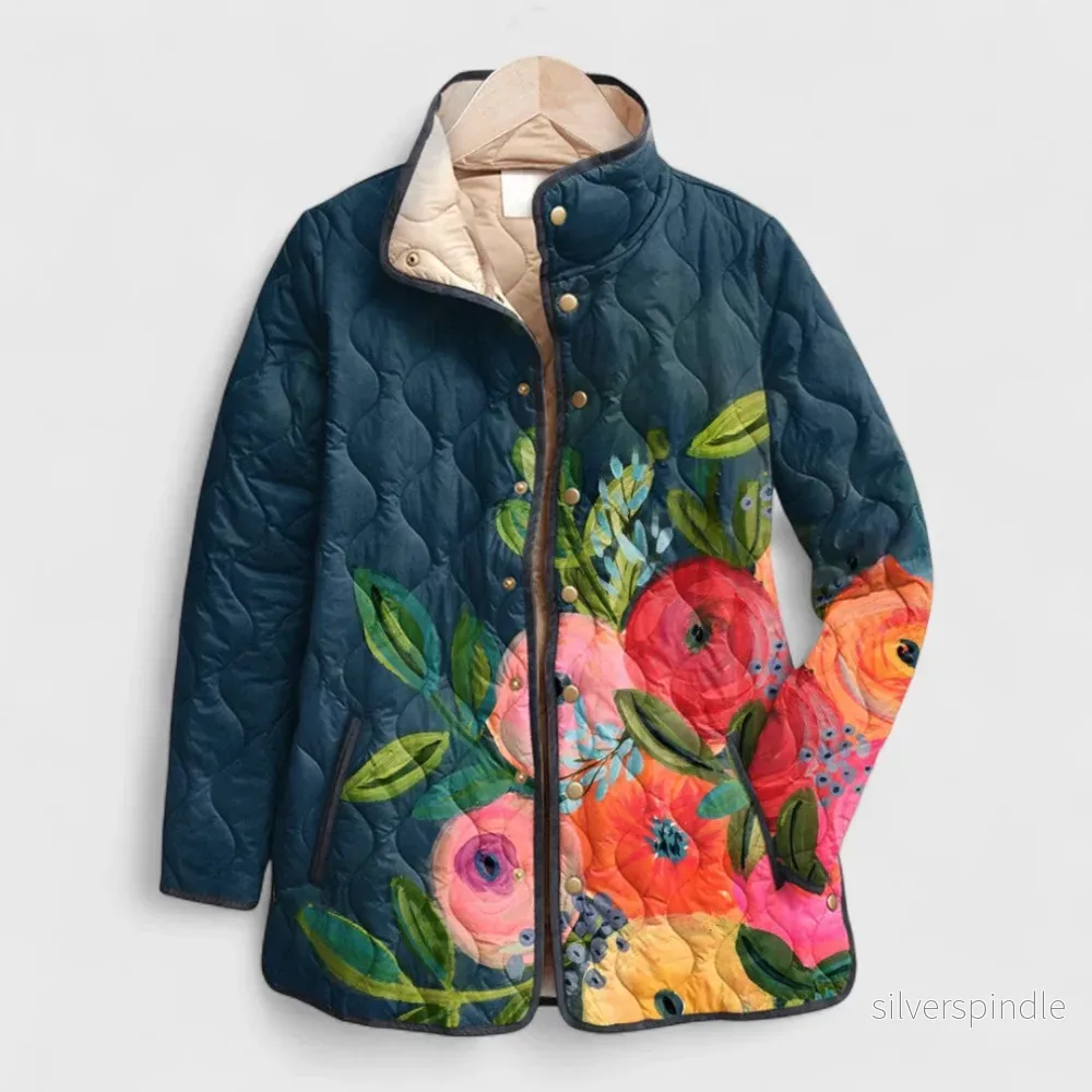 Mia | Quiltad Lång Vinterjacka Dam Med Vintage Blommönster Mia | Quiltad Lång Vinterjacka Dam Med Vintage Blommönster