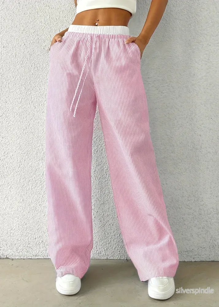 Olivia | Elegant Raka Byxor med Randigt Mönster och Draggle-Tail Detalj - Bild 2