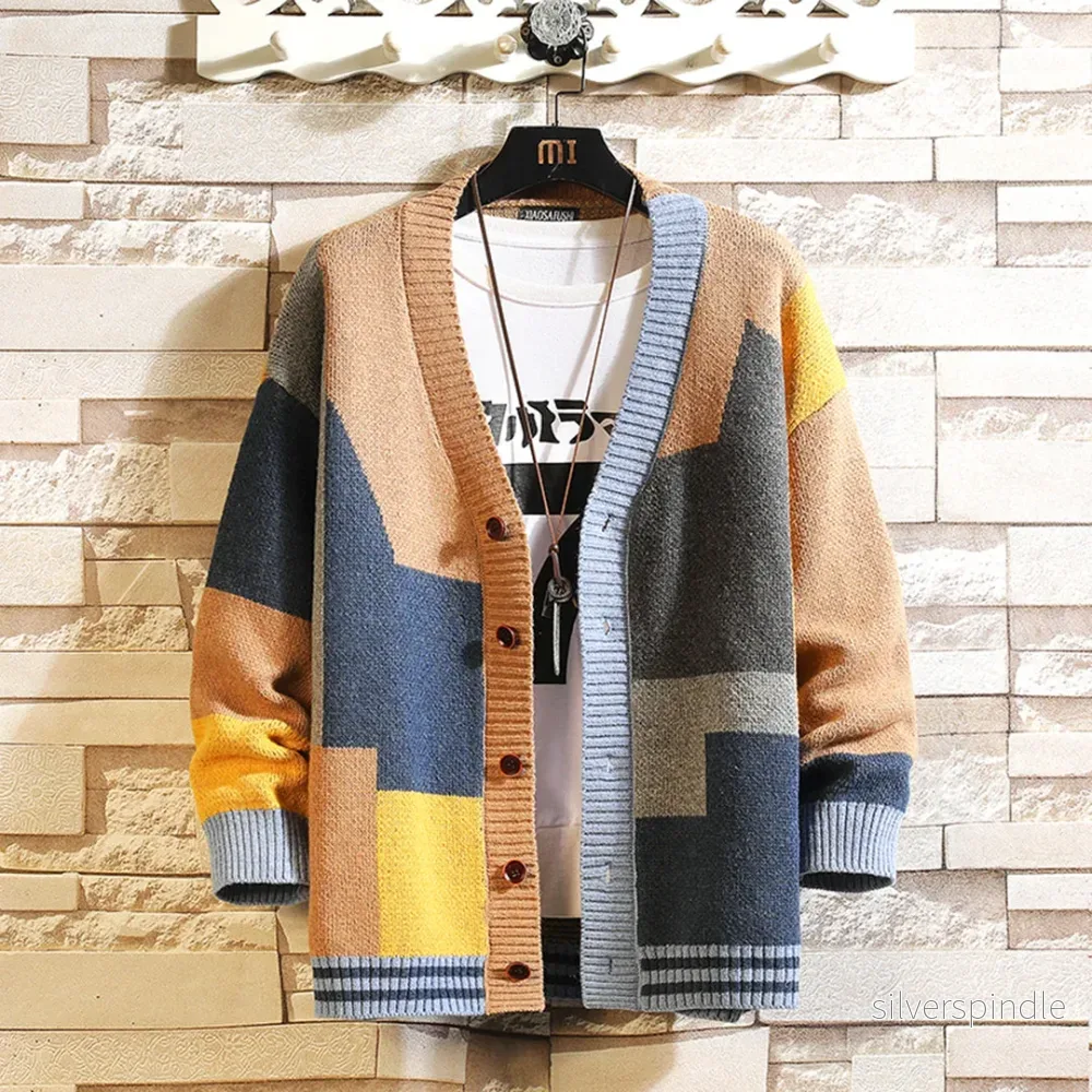 Ribbade Cardigan Män | Färgblock V-Ringning med Bekväm Passform | Mjukt Material för Vardagsbruk - Bild 2