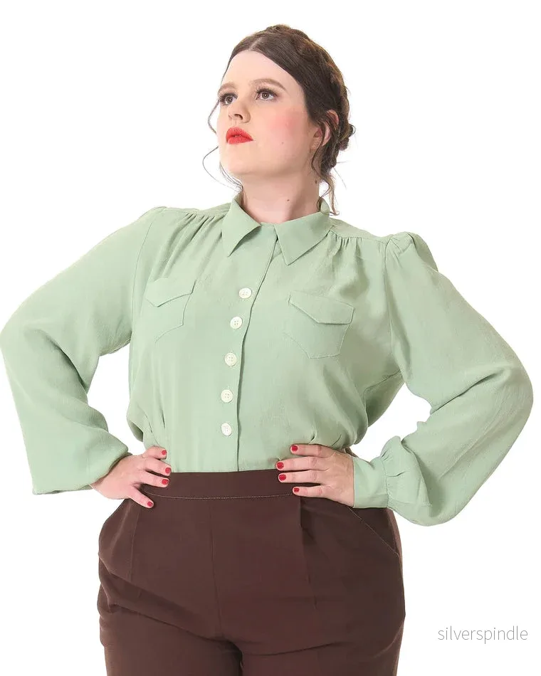 Sweetheart-skjortblus i vintage-stil - pistasch - Bild 2