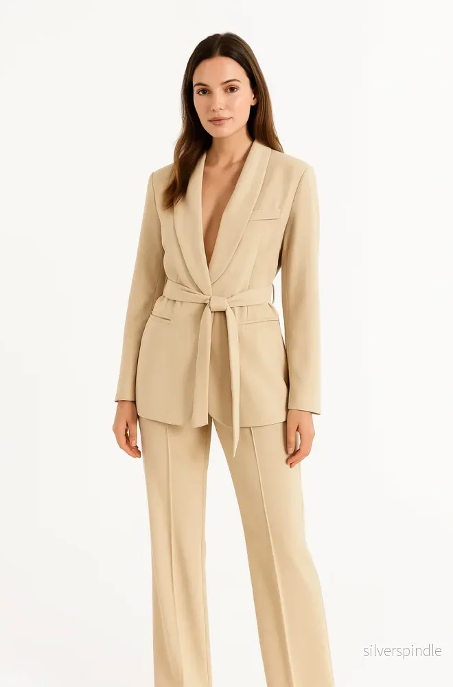 Elegant Kavaj och Vida Byxor Set för Kvinnor med Knytbälte | Perfekt för Arbete och Kvällslook - Bild 2
