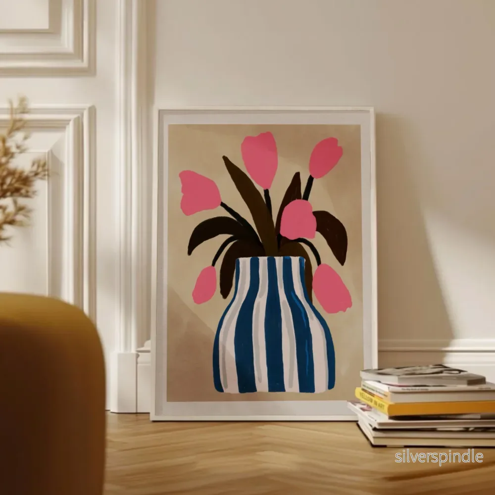 Poster Rosa Tulpaner i Blårandig Vas med Passepartout