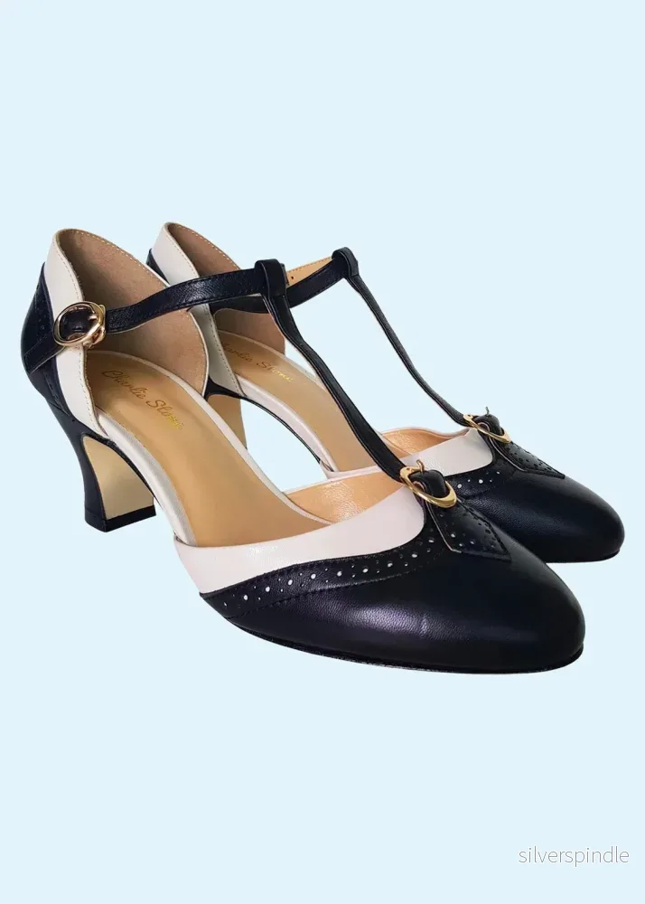 Luxe Parisienne T-rem skor med klack – svart & creme Luxe Parisienne T-rem skor med klack – svart & creme
