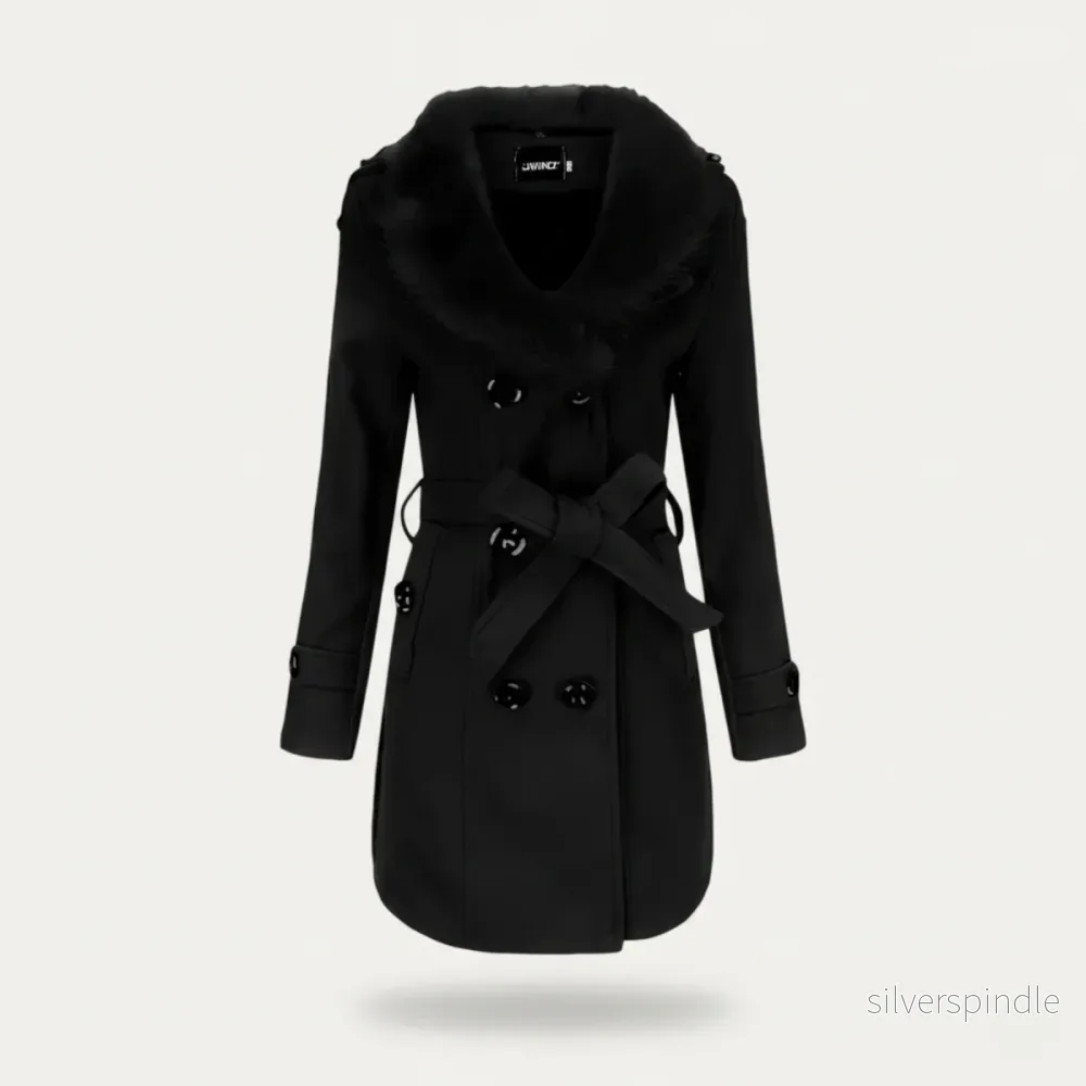 Elegant Svart Trenchcoat för Kvinnor med Fuskpäls och Midjebälte | Tidlös Design för Kalla Månader - Bild 2