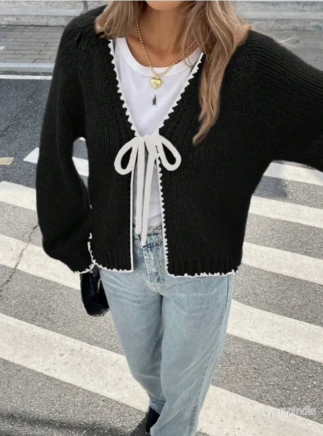 Elegant Knytbandskofta för Kvinnor | Beskuren Stickad Layer med Kontrastkant för Avslappnad och Uppklädd Stil