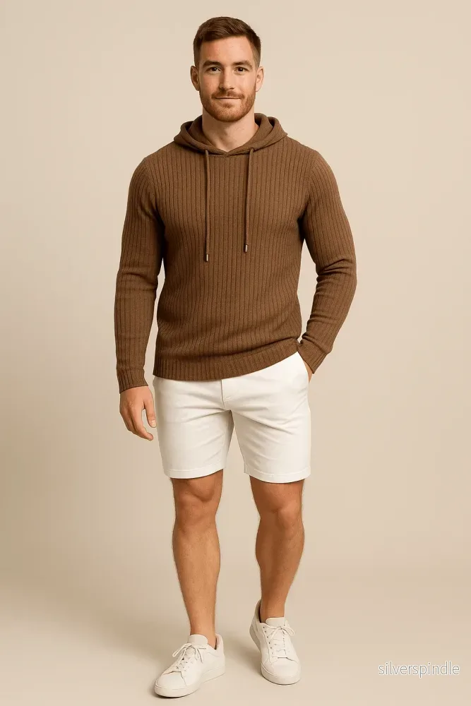Ribbstickad Luvtröja för Herr med Justerbar Huva | Slim Fit Design för Stil och Komfort - Bild 2