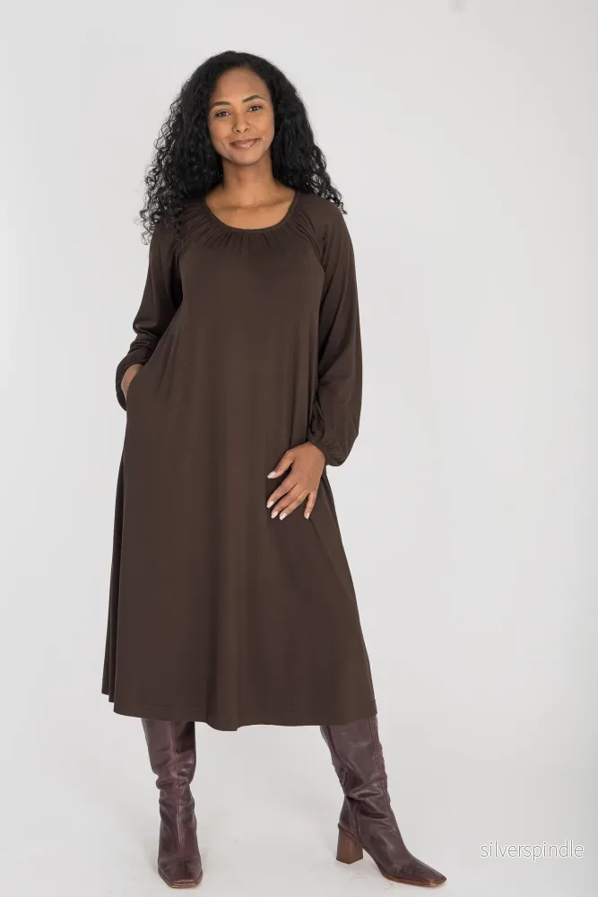 A-lined belted midi jersey dress – Chocolate brown A-lined belted midi jersey dress – Chocolate brown
