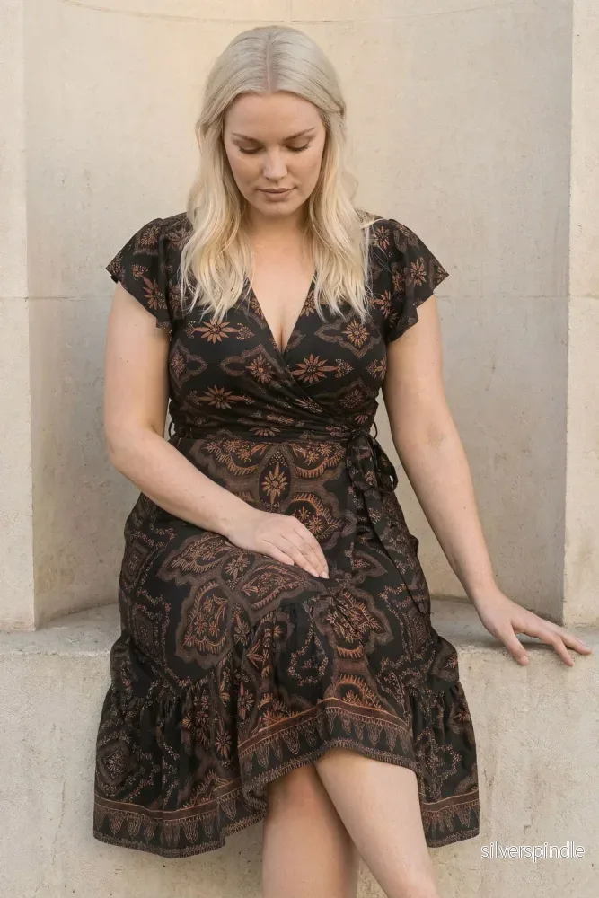Frill wrap short jersey dress - Brown