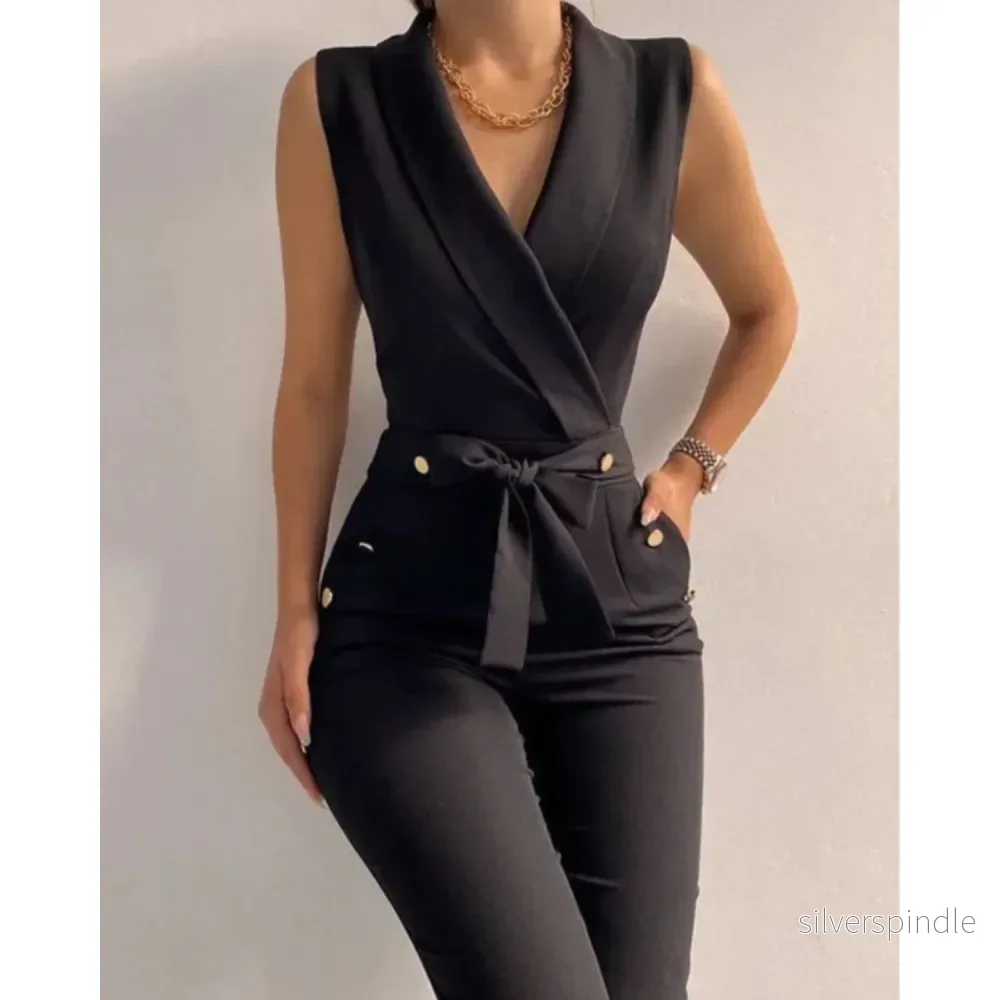 Elegant Jumpsuit med V-Ringning och Snörning i Ryggen | Ärmlös Design för Stiliga Utekvällar Elegant Jumpsuit med V-Ringning och Snörning i Ryggen | Ärmlös Design för Stiliga Utekvällar