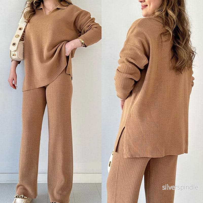 Mia | Elegant Tvådelat Set Dam med V-Ringad Topp och Vida Benbyxor - Bild 2