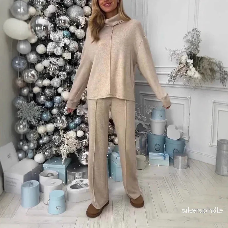 Olivia | Snygg Höststickad Polotröja Set med Långärmad Topp och Byxor Olivia | Snygg Höststickad Polotröja Set med Långärmad Topp och Byxor