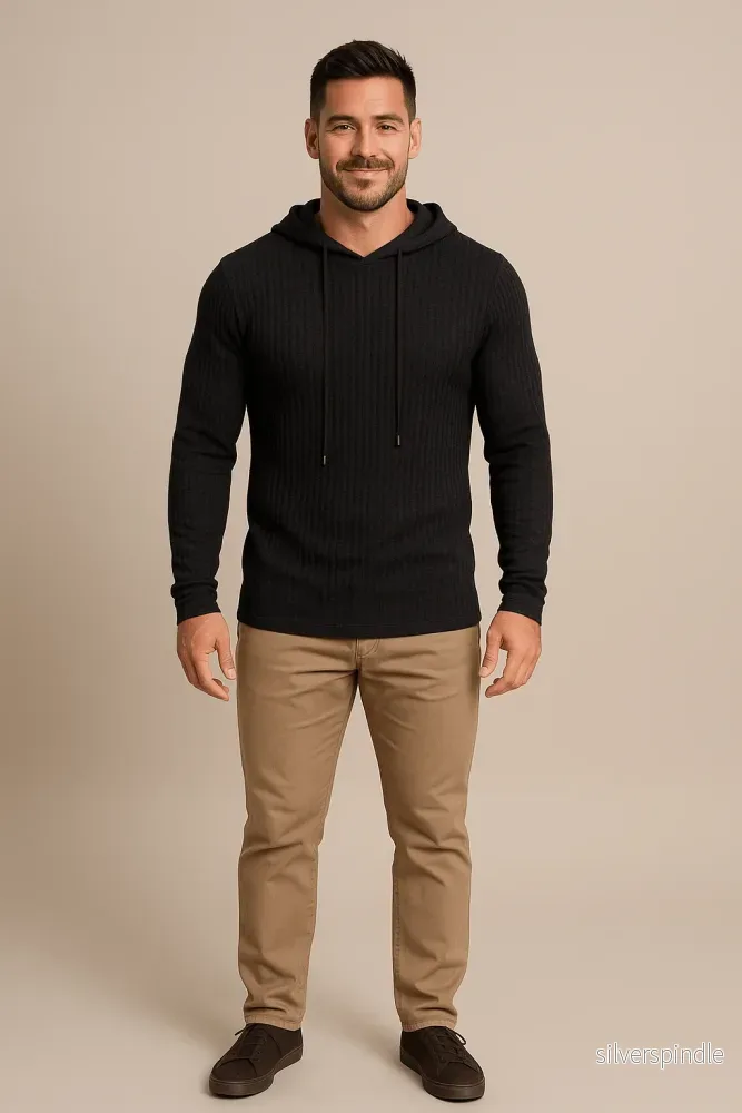 Ribbstickad Luvtröja för Herr med Justerbar Huva | Slim Fit Design för Stil och Komfort