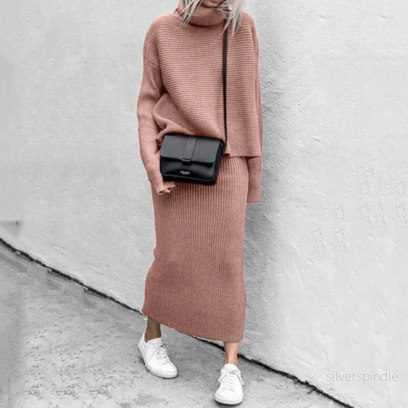 Elegant Stickat Set Dam | Turtleneck Tröja & Maxikjol med Mjuk Stickning | Stilrent Set för Komfort och Elegans Elegant Stickat Set Dam | Turtleneck Tröja & Maxikjol med Mjuk Stickning | Stilrent Set för Komfort och Elegans