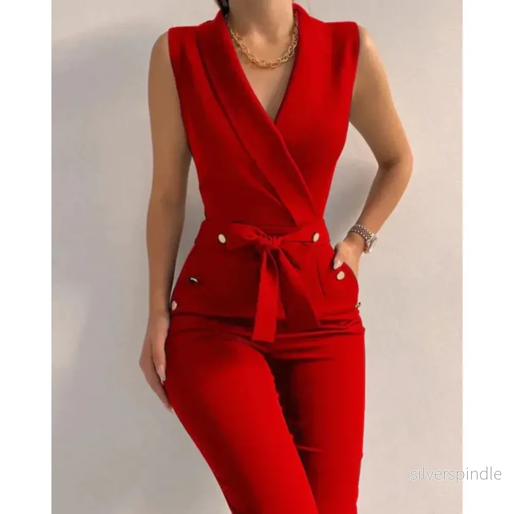 Elegant Jumpsuit med V-Ringning och Snörning i Ryggen | Ärmlös Design för Stiliga Utekvällar - Bild 3
