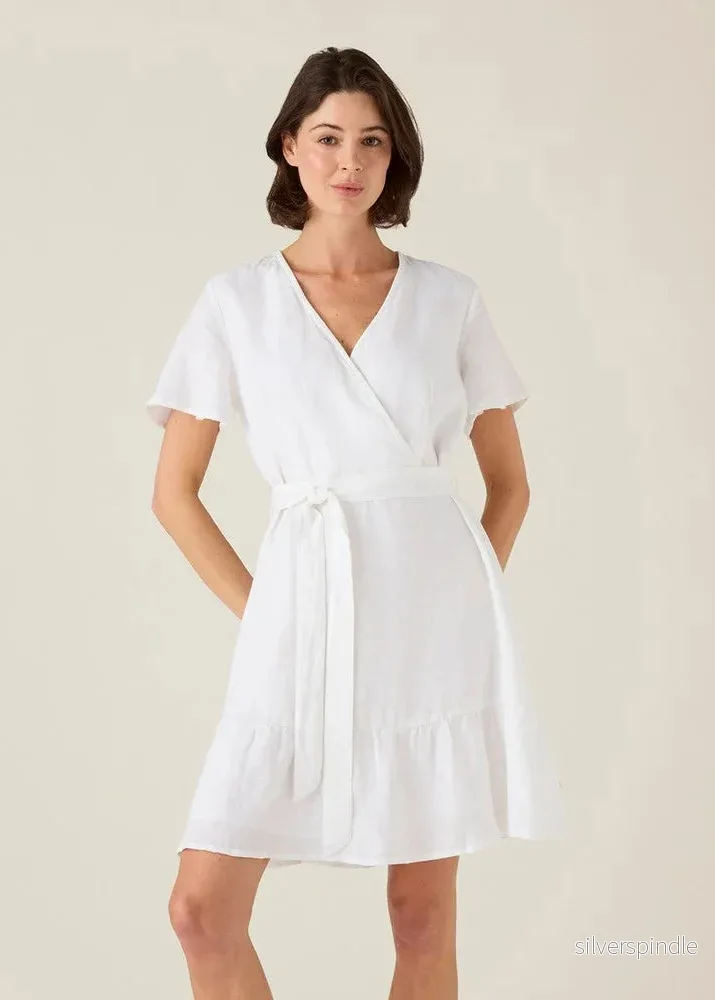 Lexington Belted Linen V-Neck Dress White