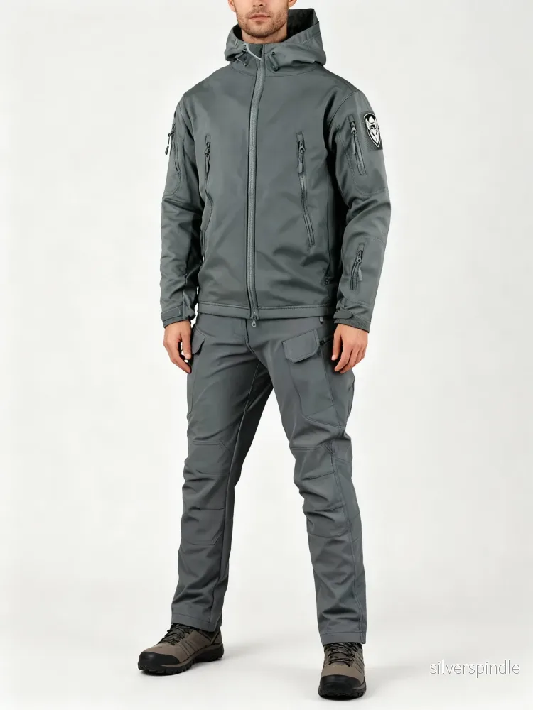 Taktisk Utomhusdräkt | Vindtät Softshell Jacka och Byxor med Flera Fickor | Slitstark Skydd för Alla Väderförhållanden - Bild 2