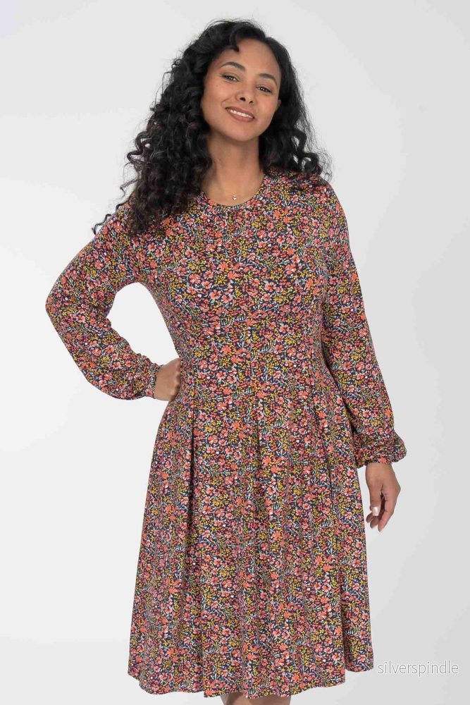 Pleated waist short jersey dress - Navy flowers - Bild 2