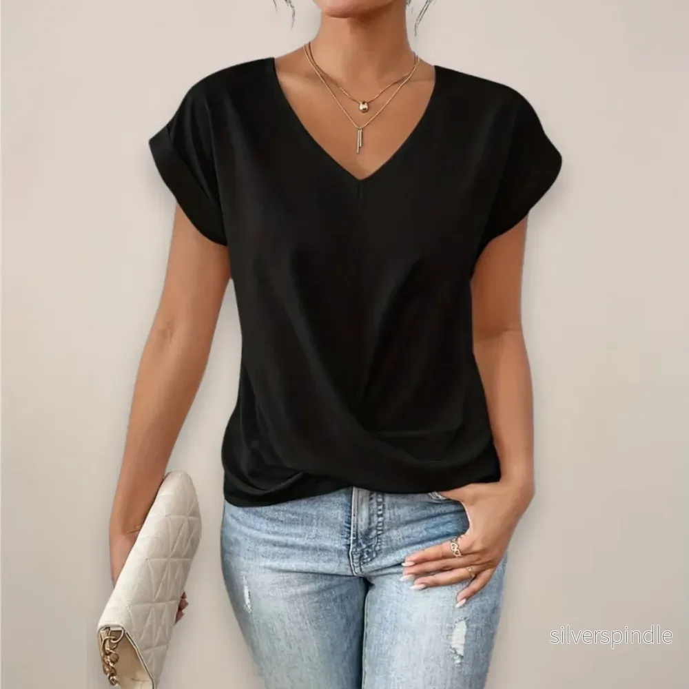 Elegant Damtopp | Kortärmad V-ringad Topp med Twist-Front Detalj | Avslappnad Passform för Vår och Sommar Elegant Damtopp | Kortärmad V-ringad Topp med Twist-Front Detalj | Avslappnad Passform för Vår och Sommar