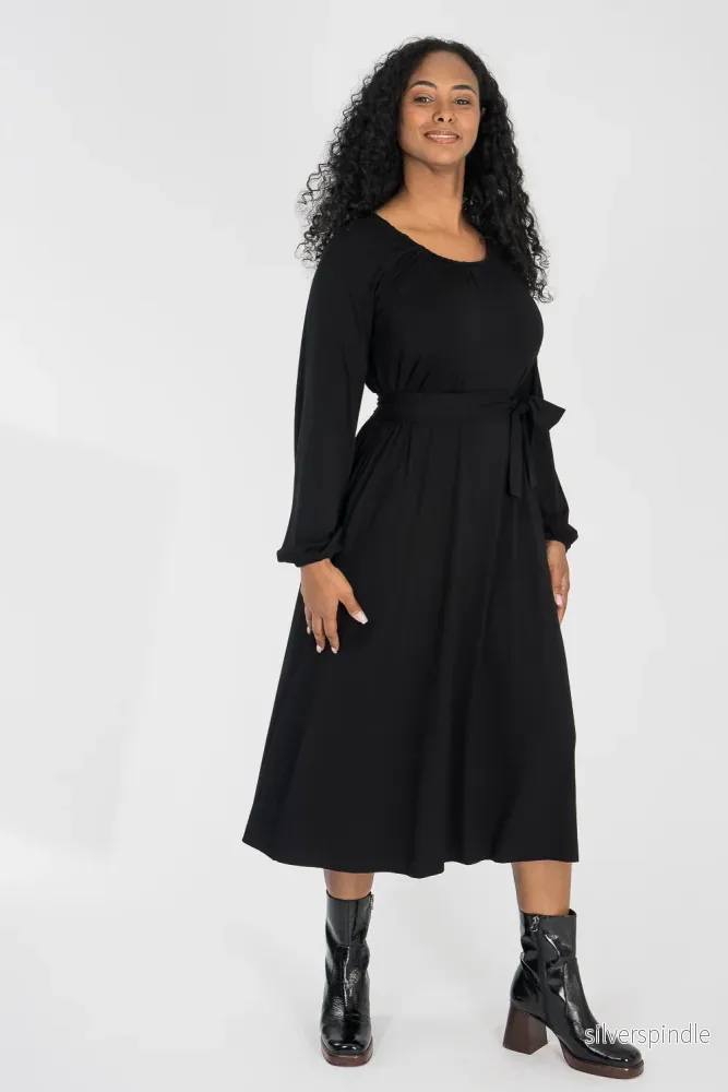 A-lined belted midi jersey dress – Black A-lined belted midi jersey dress – Black