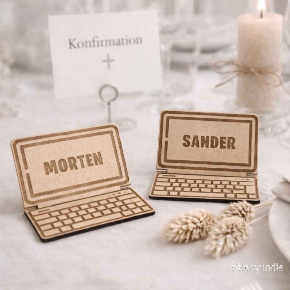 Gamer bordkort i træ med navn – laptop design