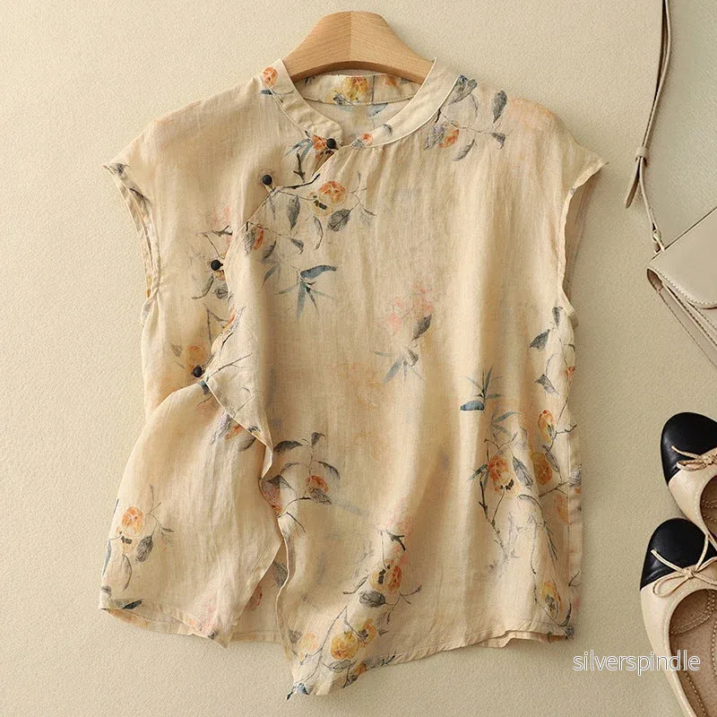 Emma | Vintage Blus med Blommönster och Mandarinfärgad Halsringning Emma | Vintage Blus med Blommönster och Mandarinfärgad Halsringning