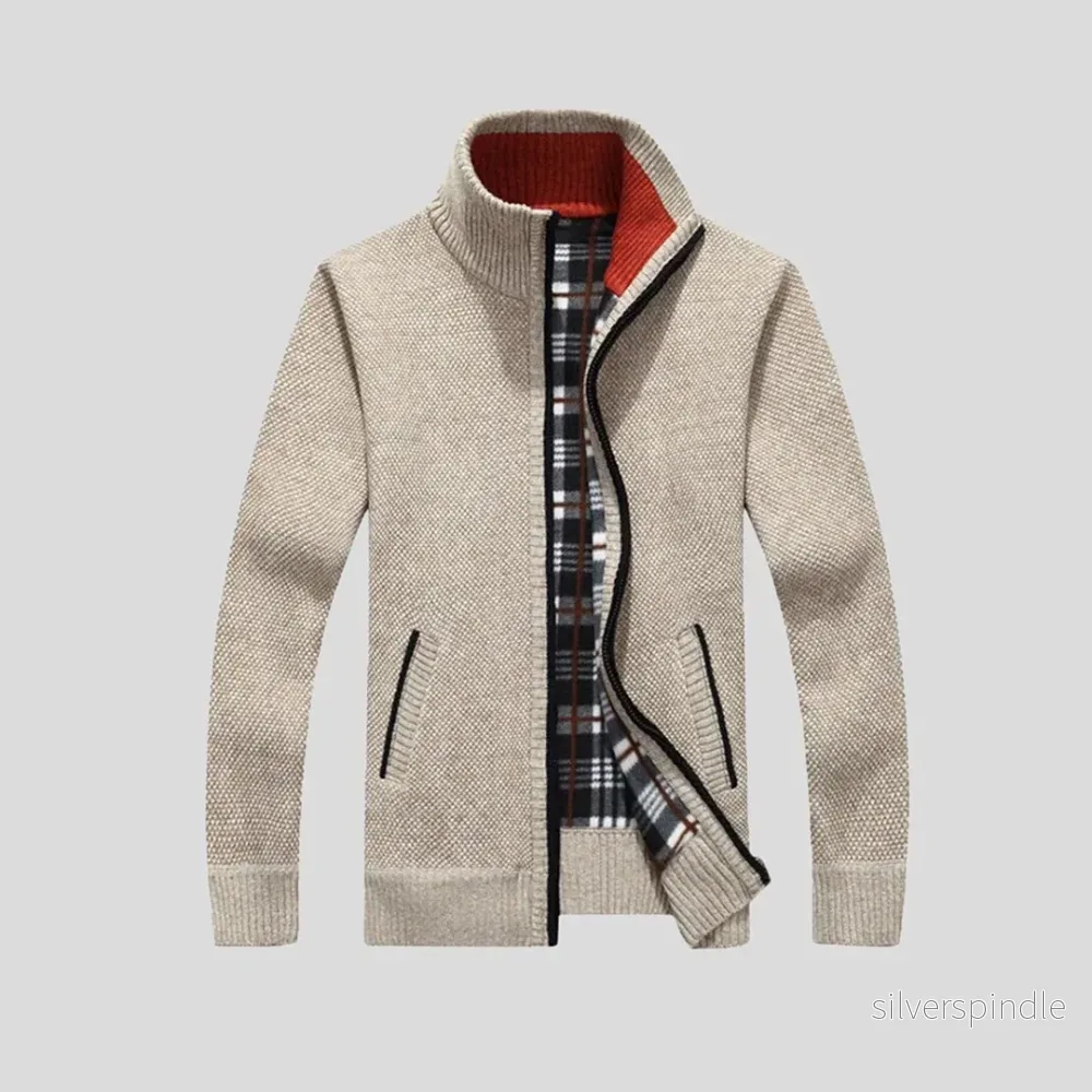 Eleganta Herrcardigan | Stickad Kofta med Hög Krage och Dragkedja | Värmande Flanellfoder för Kalla Dagar
