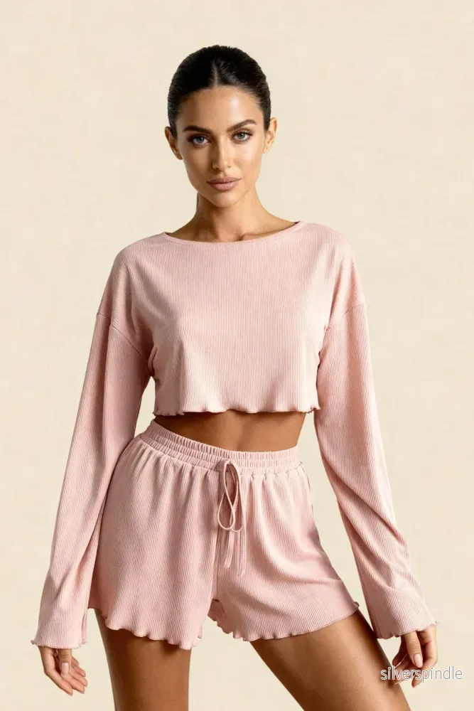 Ella | Ribbed Long Sleeve Crop Top And Shorts Set Ella | Ribbed Long Sleeve Crop Top And Shorts Set