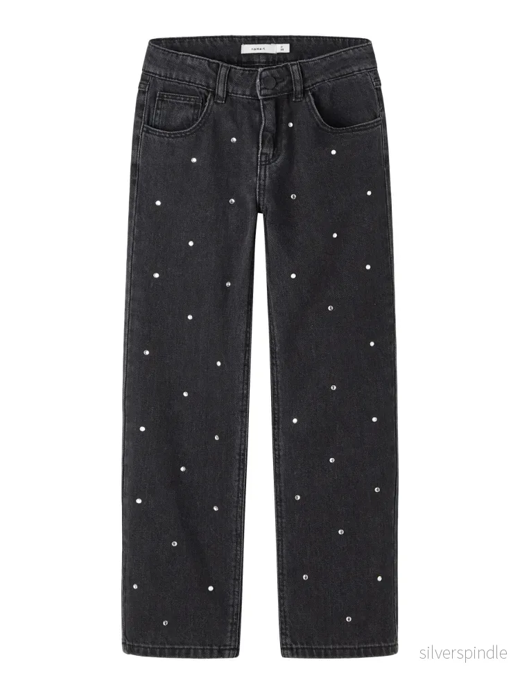 Svarta raka jeans med strassdetaljer