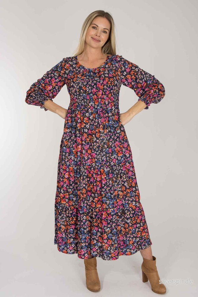 Soft viscose smock midi dress - Navy pink flower