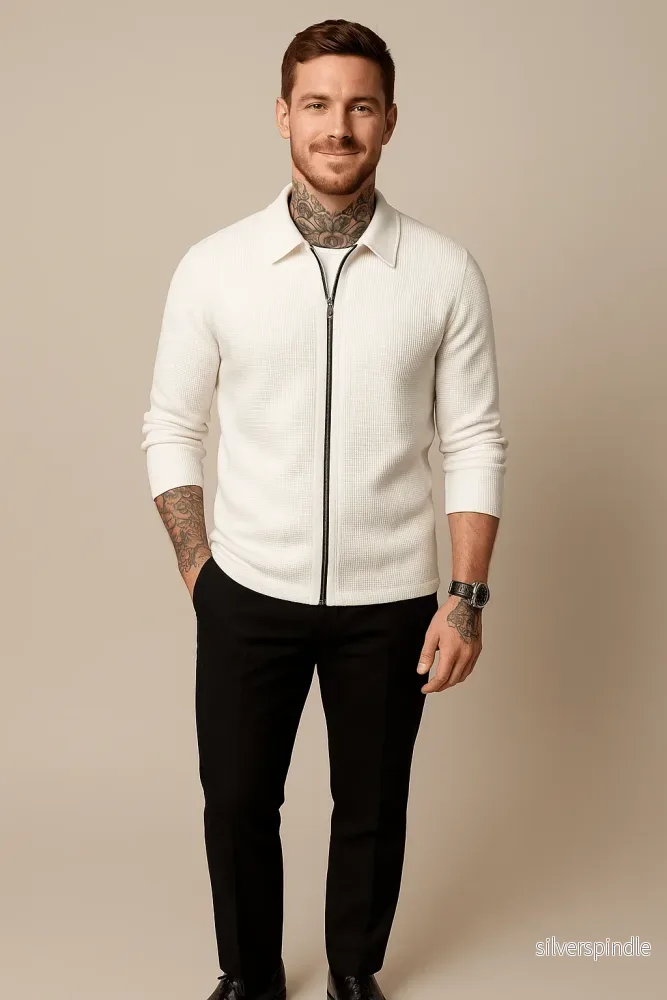 Zip Cardigan för Män med Våffelstickad Textur | Modern Passform för Komfort och Stil - Bild 2