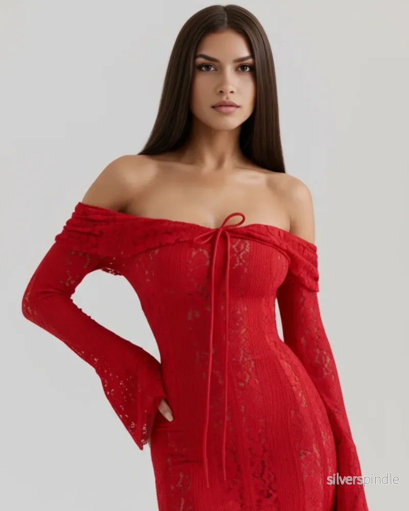 Ella | Elegant Off-Shoulder Maxiklänning Dam med Blommiga Spetsar - Bild 3