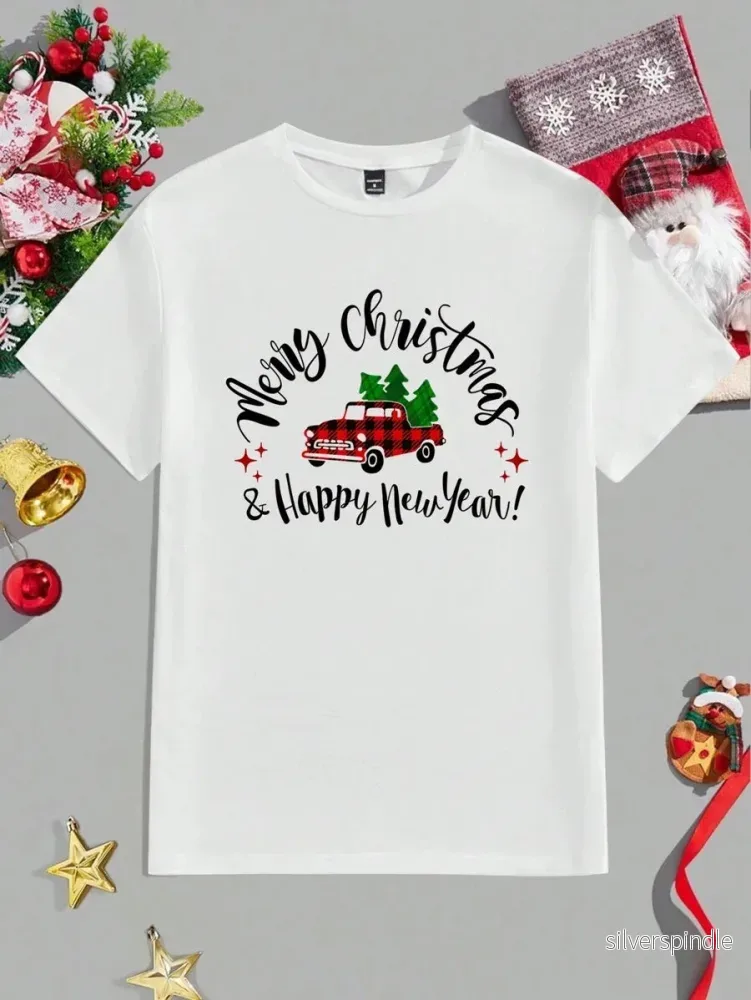 Vintage Lastbil | Unisex Kortärmad T-Shirt med Julgran Grafik | Bekväm Topp för Julfirande