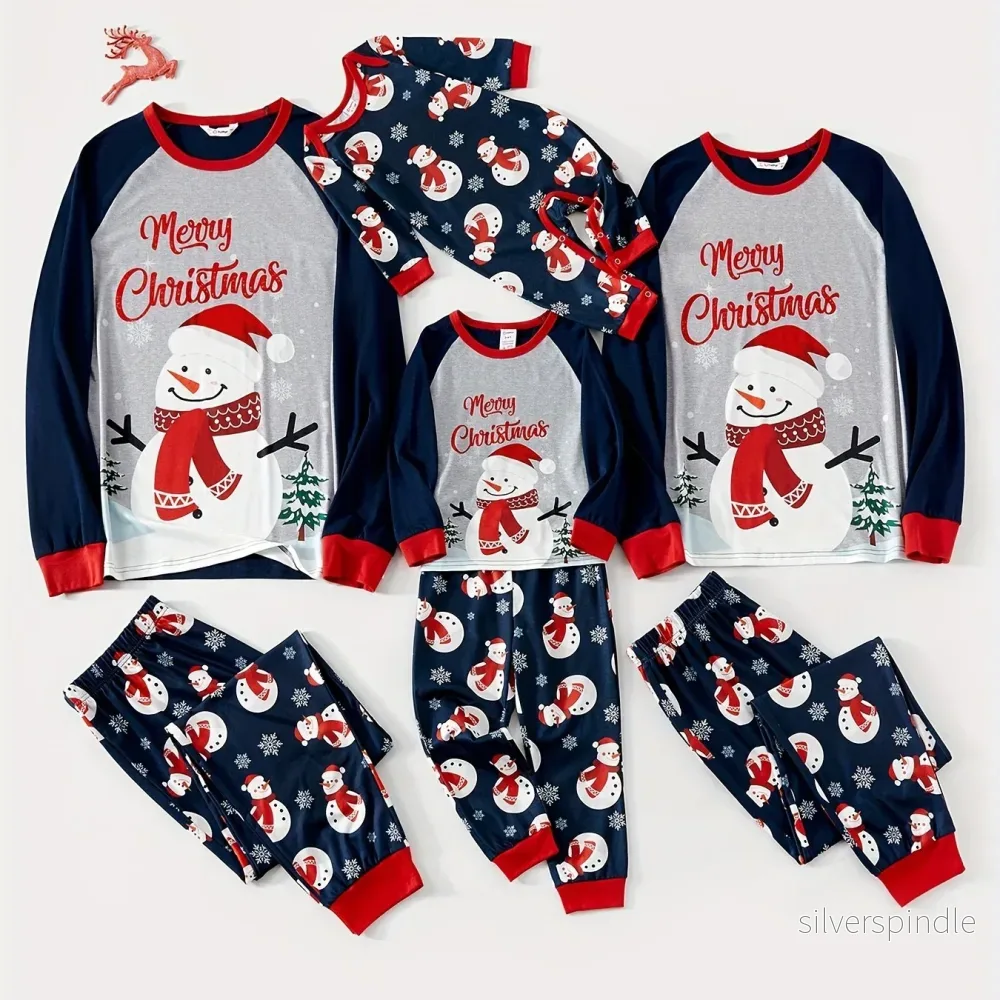 Familjepyjamas | Julpyjamas med Snögubbe Motiv och Mjuk Jersey | Koordinerade Set för Mysiga Stunder