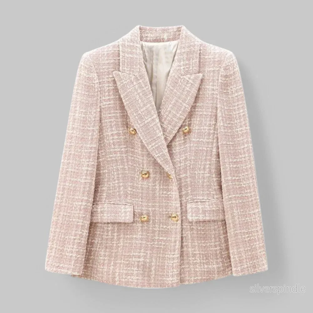 Klassisk Rosa Tweedblazer för Kvinnor med Dubbelknäppt Design | Elegant och Skräddarsydd för Mångsidiga Tillfällen - Bild 2