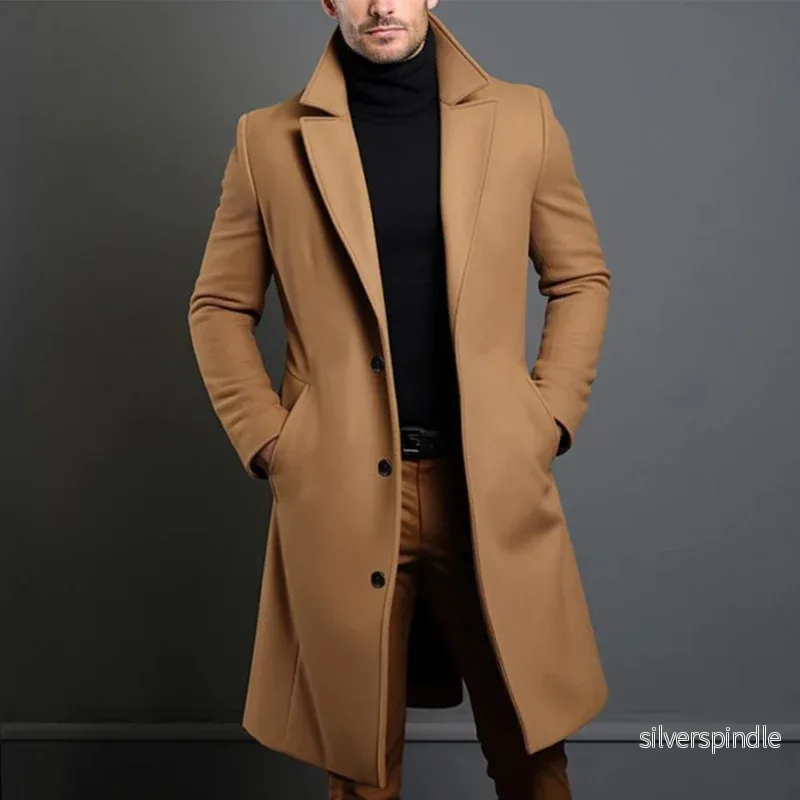 Elegant Lång Kappa för Män med Knappstängning och Kavajslag | Stilren Vinterjacka för Kallare Väder - Bild 2