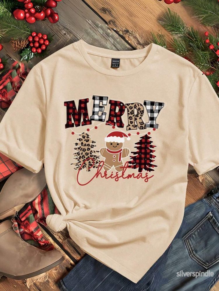 Jultröja för Damer | Jul-T-shirt med Pepparkaksgubbe & Rutigt Mönster | Bekväm och Söt för Festligheter - Bild 3