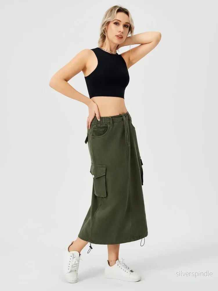 Emma | Hög Midja Cargo Midi Kjol med Slits - Bild 2