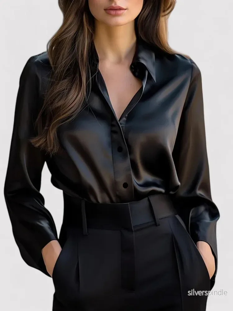 Elegant Sidenblus Dam | Långärmad med Flytande Drapering för Tidlös Stil