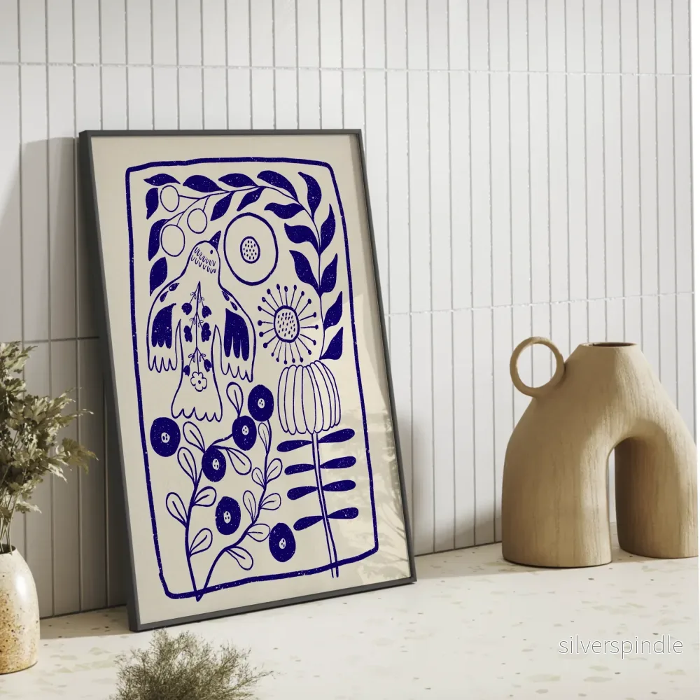 Blå Fågel & Flora – Grafisk Linjekonst