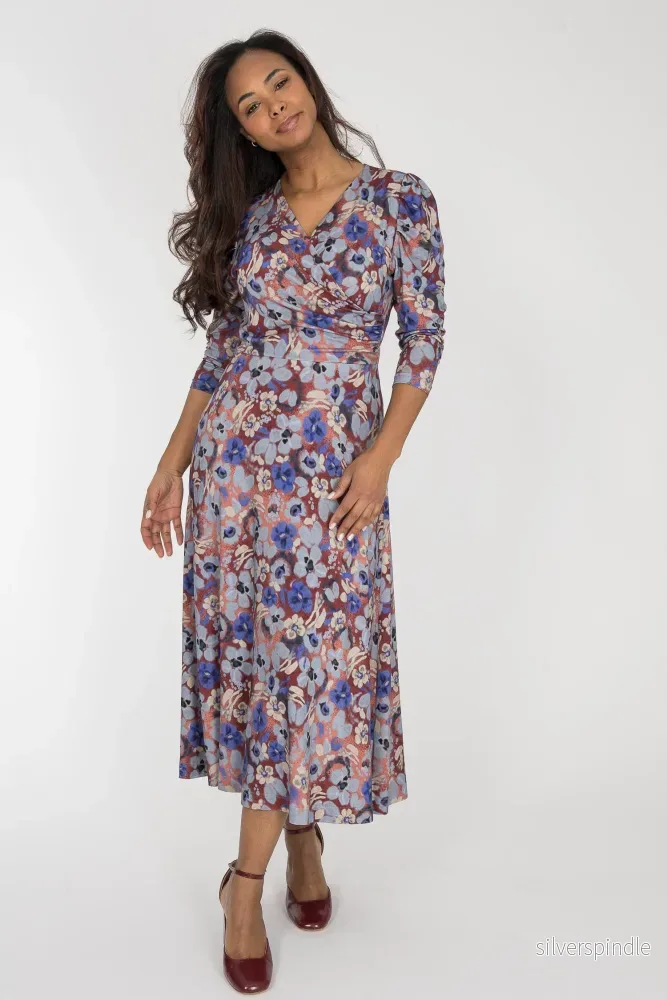 Closed wrap midi jersey dress – Blue flower