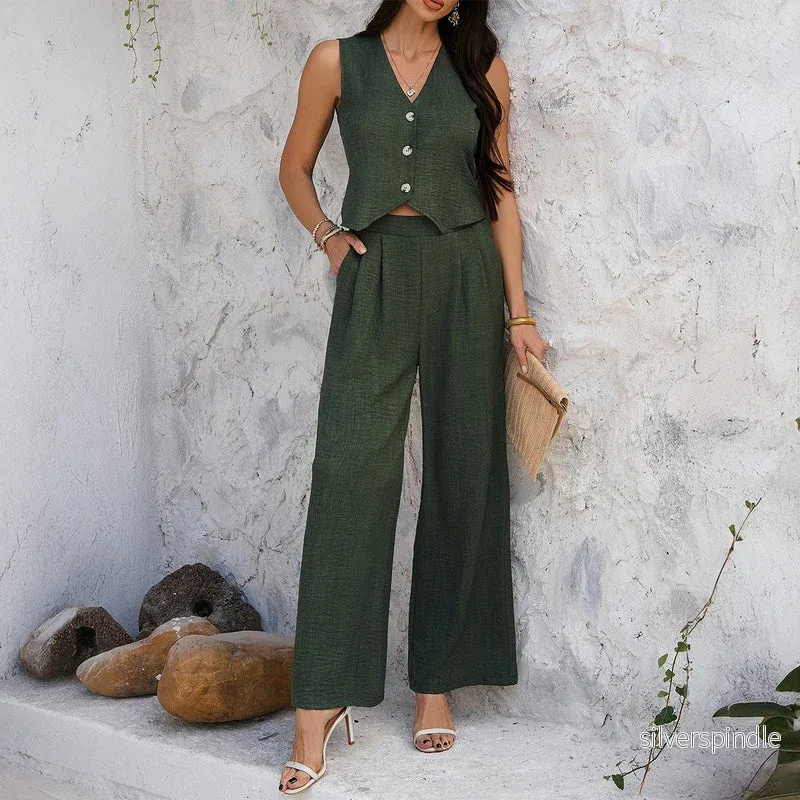 Emily | Elegant Ärmlös Linne Set med Vida Byxor för Vårens Stil Emily | Elegant Ärmlös Linne Set med Vida Byxor för Vårens Stil