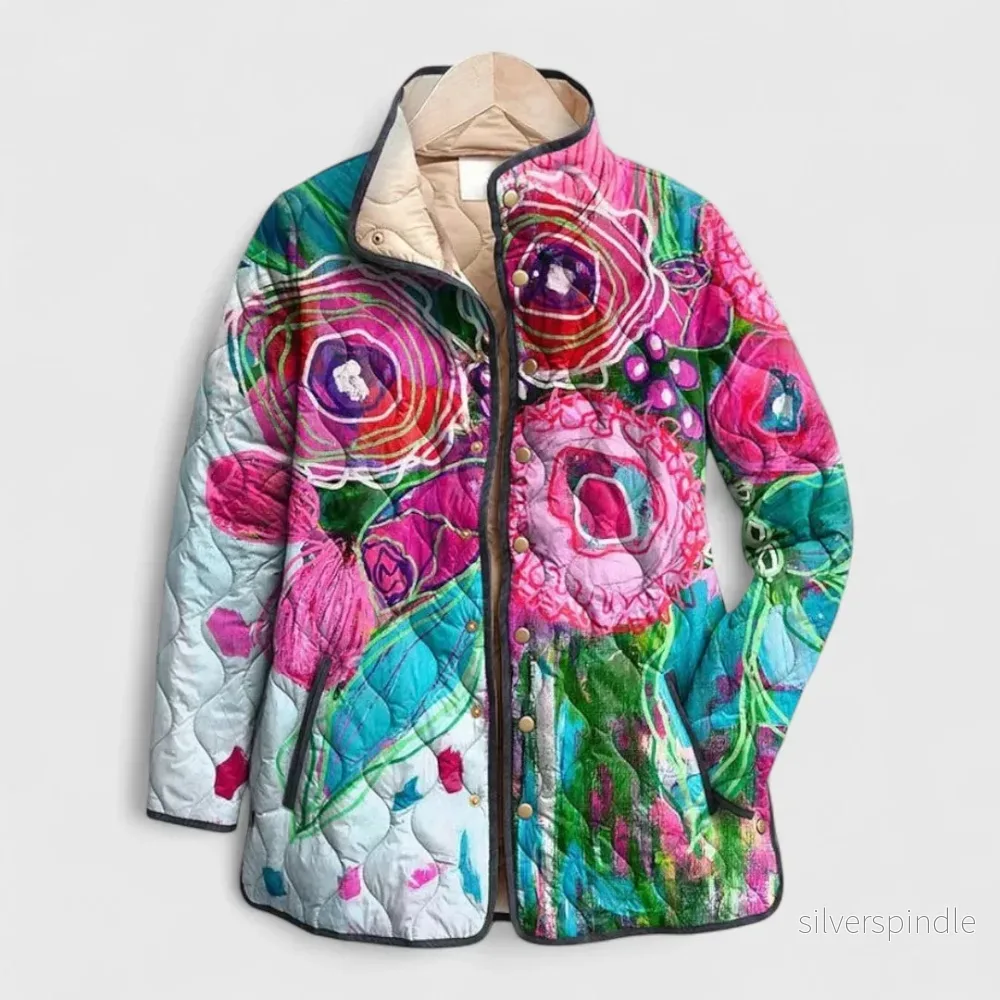 Mia | Quiltad Lång Vinterjacka Dam Med Vintage Blommönster - Bild 2