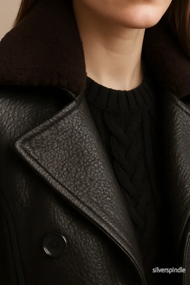 Elegant Svart Trenchcoat i Konstläder med Shearling-Krage | Stilren Design för Höst och Vinter - Bild 2