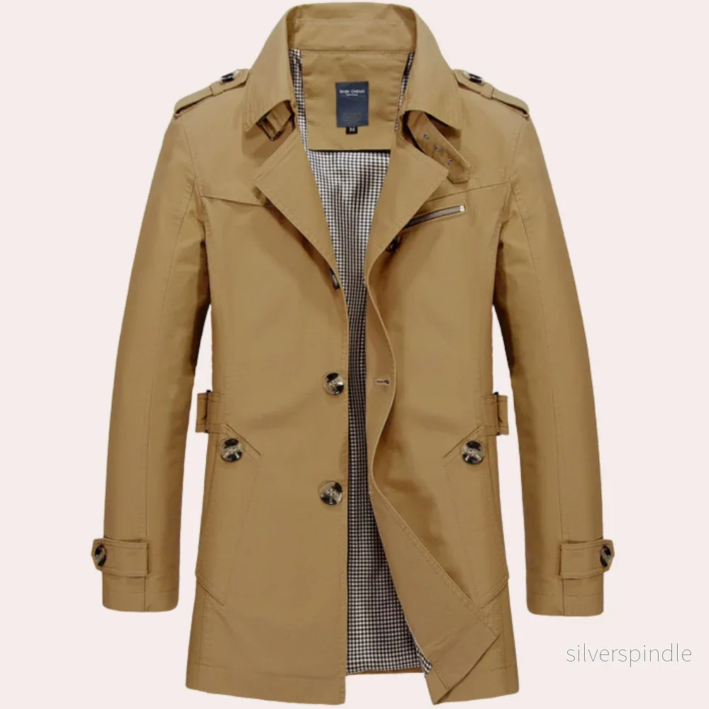 Klassisk Trenchcoat för Män med Vattentätt Tyg och Många Fickor | Tidlös Elegans för Skydd och Stil