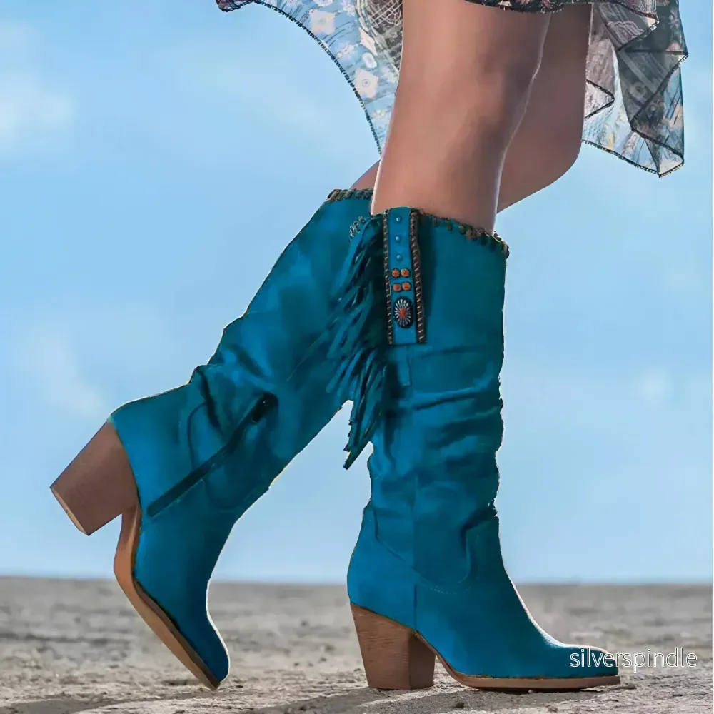 Boho-Kollektion | Cowboystövlar för Kvinnor med Fransar | Vadlånga och Bekväma för Stil och Rörlighet - Bild 3